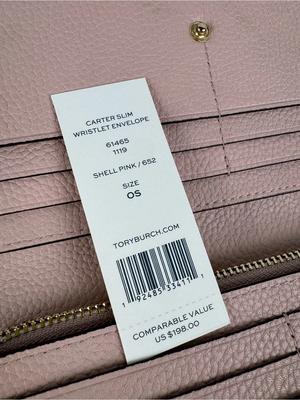 Tory Burch Carter Slim Wristlet Envelope Wallet Shell Pink Leather